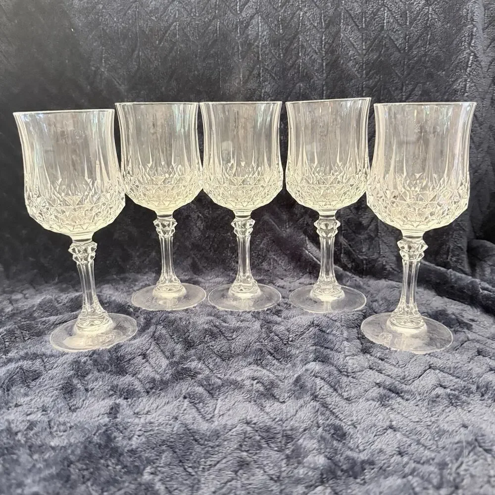 Cristal d'Arques Durand Longchamp Wine Glasses, Set of 5, Vtg Crystal Stemware